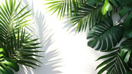 Fototapeta premium Tropical Leaf Overlay, Natural tropical leaves create a beautiful shadow effect on a white background, perfect for product presentations and summer-themed designs
