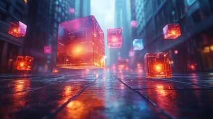 Brightly lit cubes hover above rain-soaked pavement in a vibrant, futuristic cityscape under gray skies.