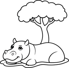 Delightful line art of a hippo chilling in tree shade ideal for kids coloring book fun and imaginative art project
