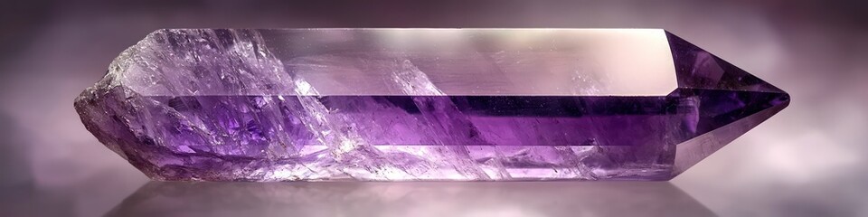Gentle glow on a smooth purple amethyst crystal, perspective view on clear background.