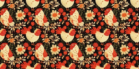 Chicken pattern with a playful, farm-themed design. seamless background pattern