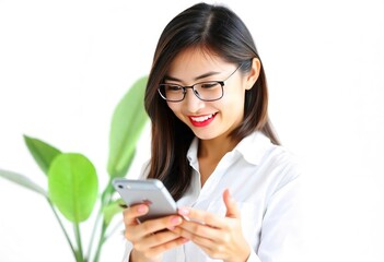Fototapeta premium Beautiful Asian business woman holding smartphone on white background, ai