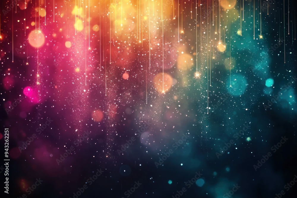 Wall mural colorful cosmic background with hanging stars and glowing particles generative ai