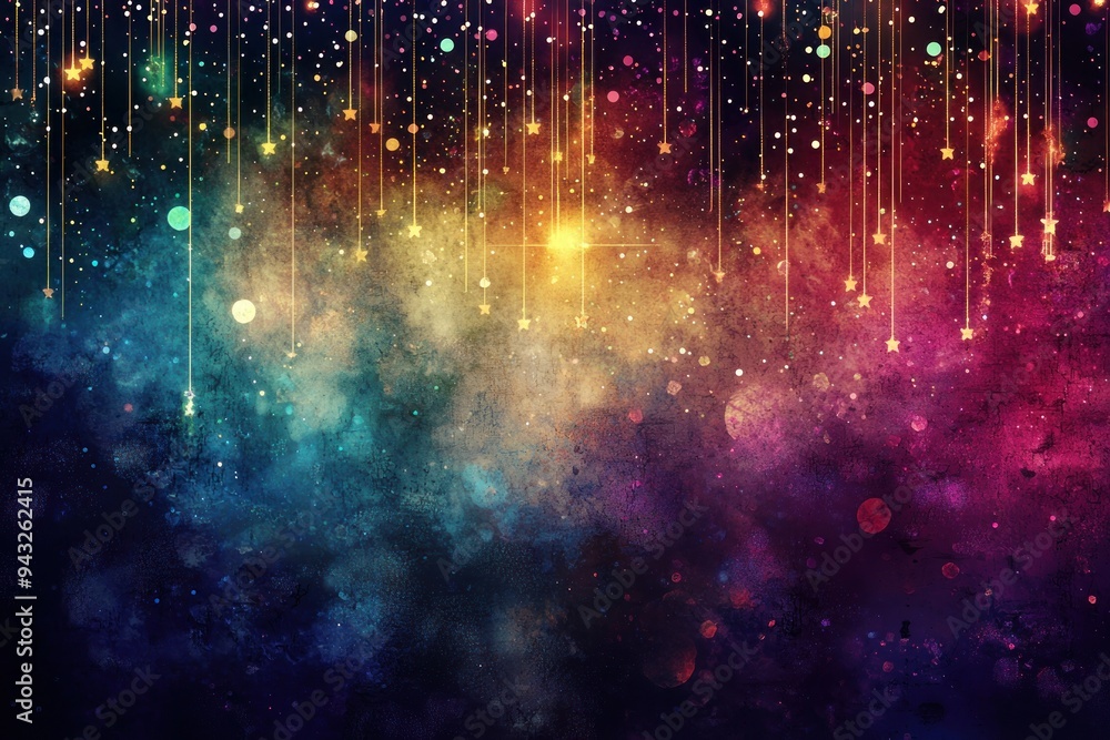 Wall mural colorful cosmic background with hanging stars and glowing particles generative ai
