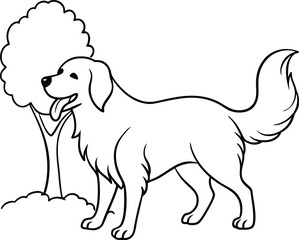 Playful golden retriever tail wagging line art design perfect for a kids coloring book
