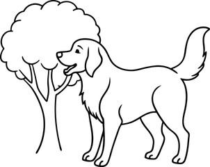 Fun and simple line art of a golden retriever with a wagging tail ideal for children's coloring books
