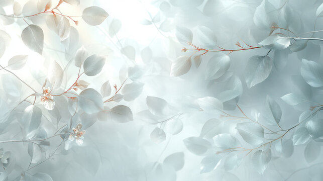 Translucent Leaves,  Soft translucent leaves layered over a gentle white background create a light, airy feel, promoting a sense of calm and serenity