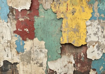 Obraz premium Peeling multicolored paint on a cracked, weathered wall with a rough texture Generative AI