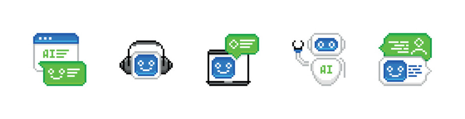 Artificial intelligence chat bot. Online communication based on neural networks. Dialog with chat bot asking questions and receiving answers. Vector pixel style icons set.