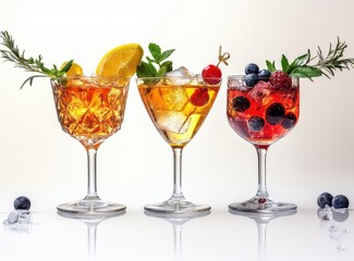 Cocktails of different colors, with transparent ice and with berries decoration on the edge of martini glasses