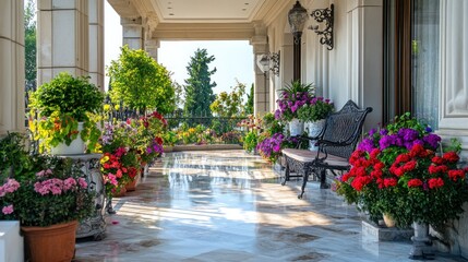 Fototapeta premium Elegant Porch With Lush Greenery and Ornate Details