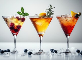 Cocktails of different colors, with transparent ice and with berries decoration on the edge of martini glasses