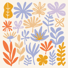 Fototapeta premium Groovy abstract flower art set. Organic doodle shapes in trendy naive retro . Floral botanical vector illustration .
