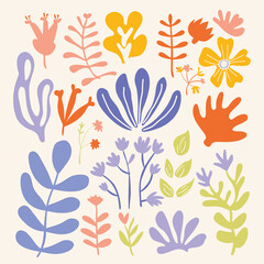 Groovy abstract flower art set. Organic doodle shapes in trendy naive retro . Floral botanical vector illustration .