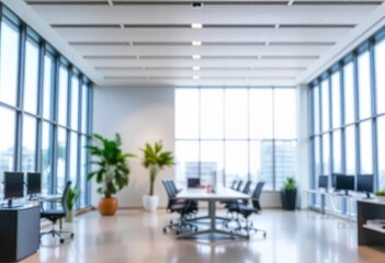 Beautiful blurred background of a light modern office interior with panoramic windows and beautiful lighting, ai