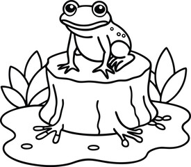 Frog sitting on a tree stump line art great for kids coloring books with simple outlines to color
