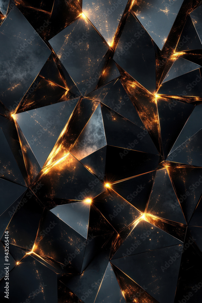 Poster geometric background, stylish dark background featuring sharp pyramidal shapes with golden edges, id