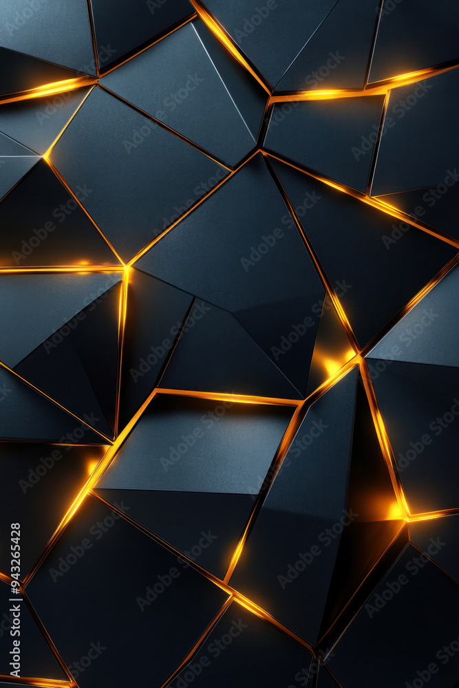 Poster geometric background, stylish dark background featuring sharp pyramidal shapes with golden edges, id