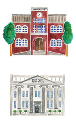 水彩で描かれた日本の建物２棟、大学と銀行のセット