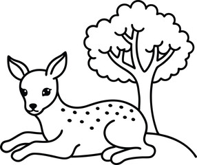 A charming line art of a fawn resting on grass under a tree ideal for kids coloring books
