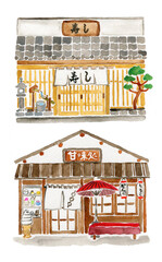 水彩で描かれた日本の建物２棟、寿司屋と甘味処のセット