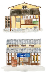 水彩で描かれた日本の建物２棟、茶室と味噌屋のセット
