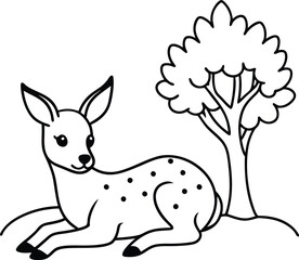 A cute fawn resting on grass under a tree perfect for kids coloring books with simple line art

