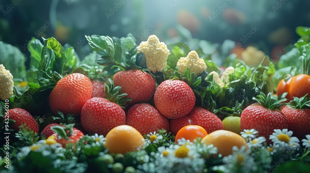 Sticker a close-up view of fresh strawberries and other fruits surrounded by green leaves