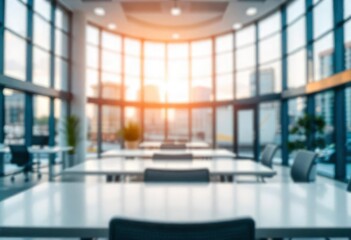 Beautiful blurred background of a light modern office interior with panoramic windows and beautiful lighting, ai