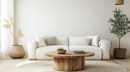 Round wood coffee table against white sofa. Scandinavian home interior design of modern living room