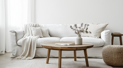 Round wood coffee table against white sofa. Scandinavian home interior design of modern living room