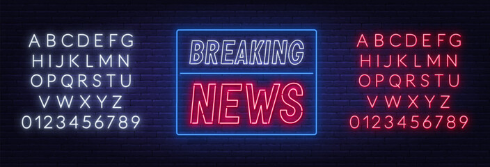 Breaking News Neon Sign on brick wall background..