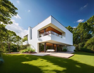 A bright shot of a white house surrounded by lush greenery, creating a peaceful, natural scene.