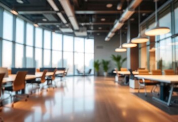 Modern bright office interior with furniture and daylight. Blurred background., ai