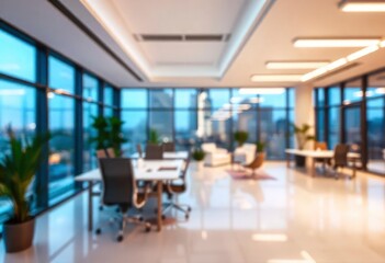 Modern bright office interior with furniture and daylight. Blurred background., ai