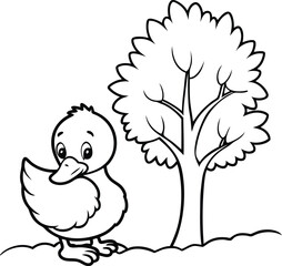 Duckling illustration in line art under a tree for kids coloring books encourages imaginative play and fine motor skills
