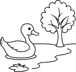 A cute duck floating on a pond in a simple line art perfect for kids to color in their favorite coloring book

