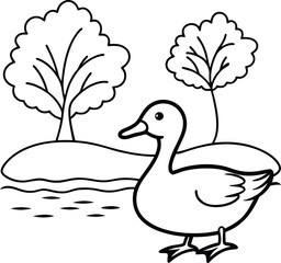 Playful duck floating on a pond line art suitable for kids coloring books a great way to spark joy and creativity






