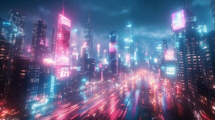Fototapeta premium A bustling urban landscape glows with neon signs and bright lights, showcasing skyscrapers and flowing traffic at night.