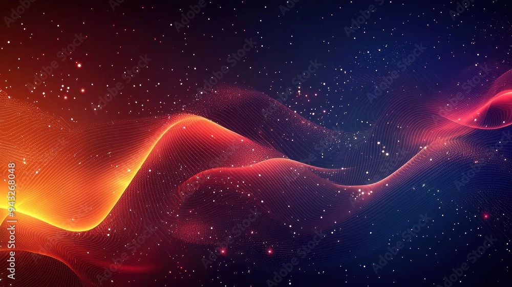 Sticker abstract flowing waves of red and blue with glowing particles and stars generative ai
