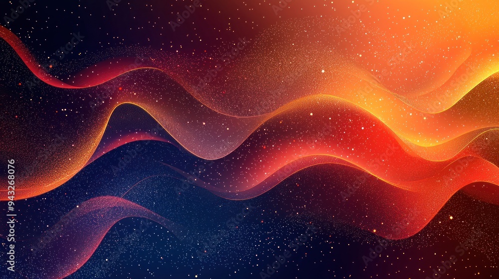 Poster abstract flowing waves of red and blue with glowing particles and stars generative ai