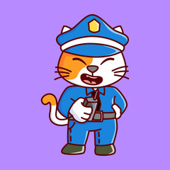 cute police cat holding walkie talkie Vector Illustration Icon. Flat Cartoon Style