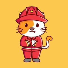 cute firefighter cat wearing firefighter suit Vector Illustration Icon. Flat Cartoon Style
