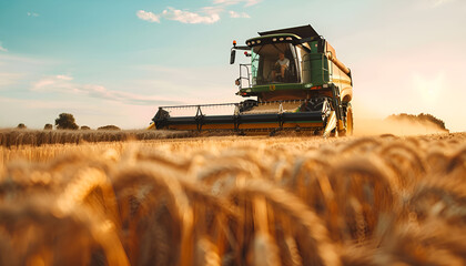 Combine harvester harvests wheat in the field. Agriculture background. Harvest season