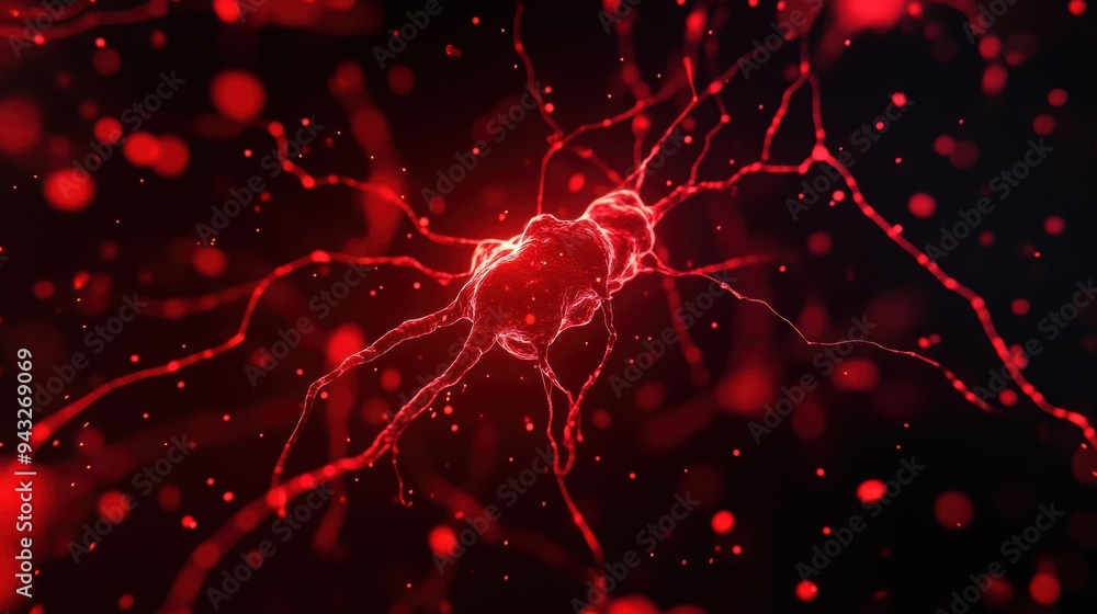 Poster close-up of neural network in red with glowing nodes and intricate connections on black background