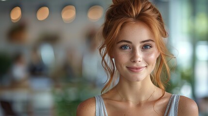 Obraz premium A young woman with red hair and blue eyes smiling in a softly lit indoor setting. She is wearing a light-colored top and has a natural, fresh look with minimal makeup. 