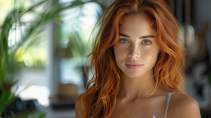 Fototapeta premium Portrait of a young woman with long red hair and green eyes, standing indoors with natural light. She has a calm expression and is surrounded by blurred greenery in the background.