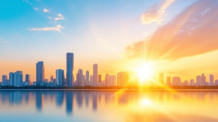 Towering Strength - Modern Cityscape with Prominent Building Supported by Steel Columns