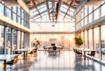 Beautiful blurred background of a light modern office interior with panoramic windows and beautiful lighting, ai
