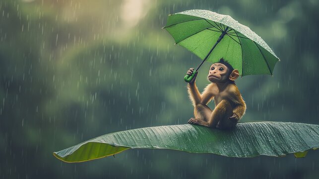 A little monkey sits on a green leaf and covers itself from the rain with a green leaf umbrella